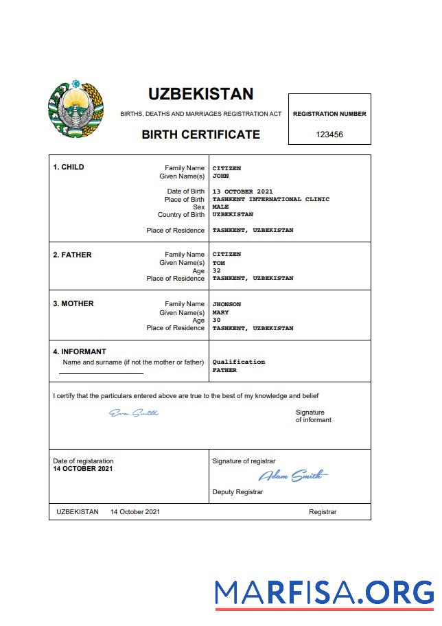 Printable Uzbekistan vital record birth certificate Word and PDF template